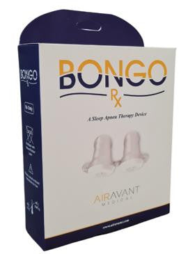 B Medical BongoRx, packaging of sleep apnea therapy device with two white oral adapters and product branding.