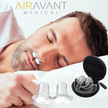 B Medical BongoRx, a portable medical nasal oxygen generator device with accessories and carrying case, displayed with a man sleeping peacefully.