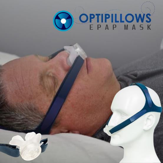B Medical Optipillows EPAP mask, a medical device for respiratory therapy worn on a patient's face with straps and a nasal mask connected to a headgear.