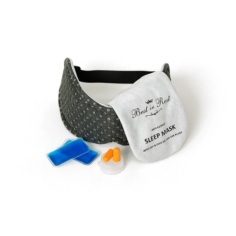 Best in Rest Luxury Memory Foam Anti-Fatigue Eye Mask, with gel ear plugs, cold and hot gel pack, and an adjustable strap, designed for soothing and relaxing sleep.