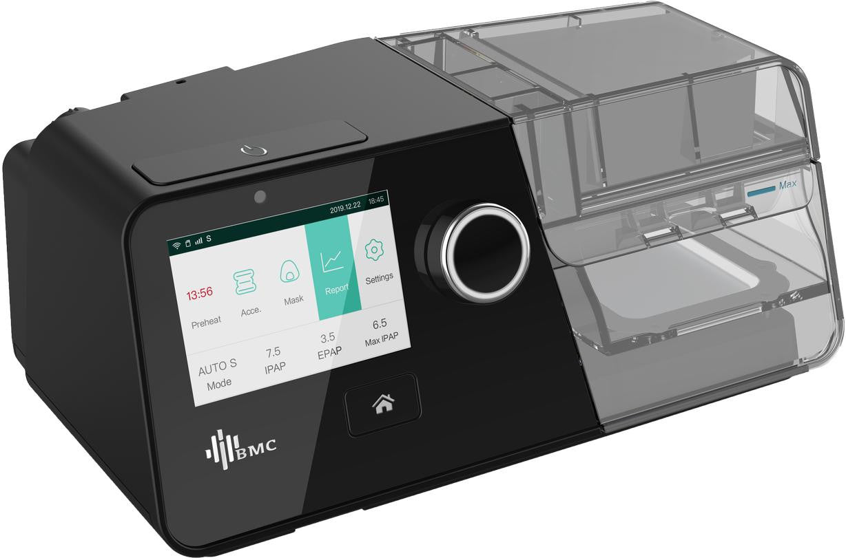 BMC G3 Fixed Pressure CPAP with Humidifier & Integrated Heated Tubing, modern medical device with a digital display and control knob.