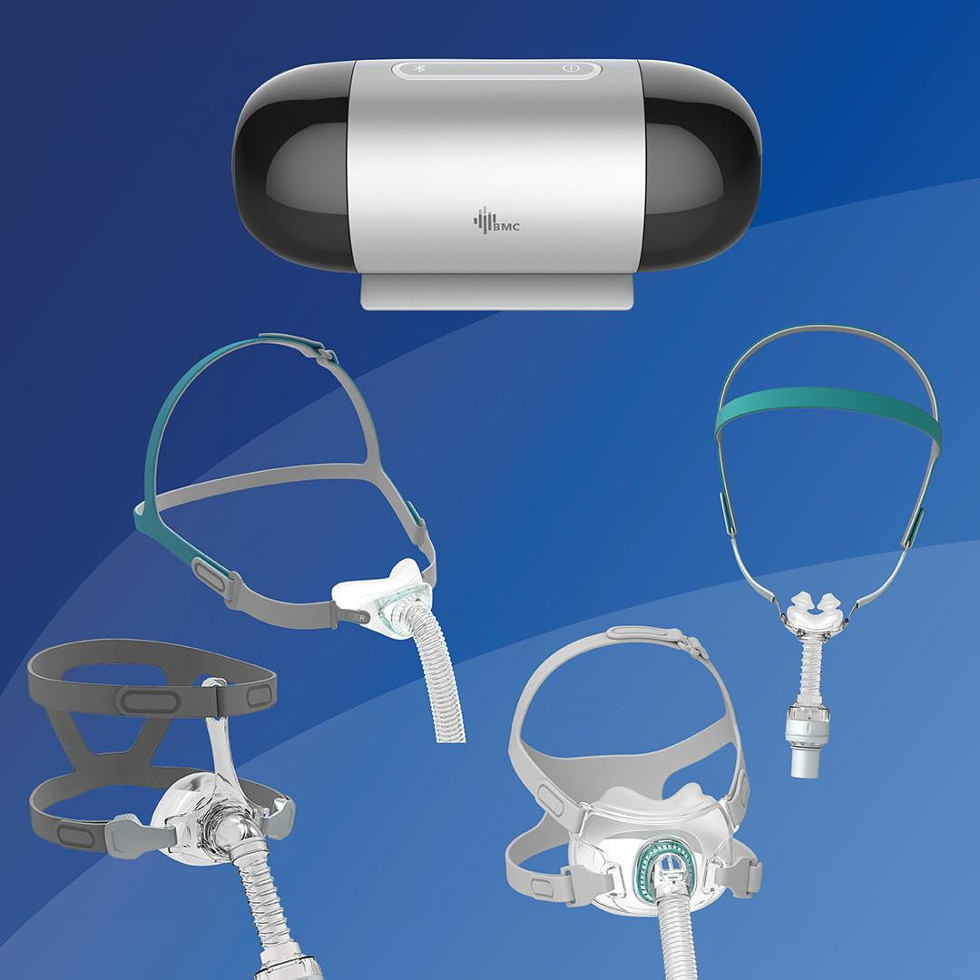 BMC M1 Travel Auto CPAP Mask Package, includes CPAP device and three mask types with headgear and hoses for sleep apnea therapy.