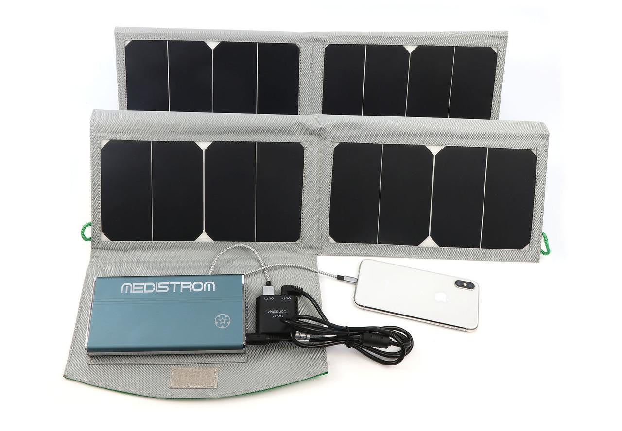 Choice One Medical Medistrom 50W Solar Panel for Pilot-12/24 Lite, portable solar panel with flexible black photovoltaic cells and connected electronic components on a gray fabric case.