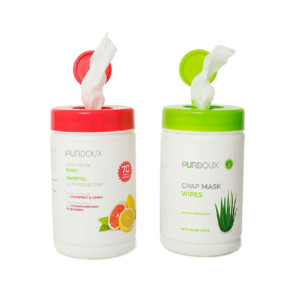 Choice One Medical Purdoux PÜRDOUX™ CPAP Wipes Canister, white canisters with red and green lids showing CPAP mask wipes with natural ingredients and citrus scent on the left and aloe vera on the right.