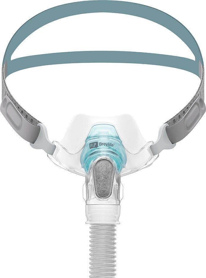 Fisher and Paykel Healthcare Fisher and Paykel Brevida Nasal Pillow CPAP FitPack, image showing a nasal pillow mask with adjustable headgear straps, nasal pillows, and a flexible tube connector.