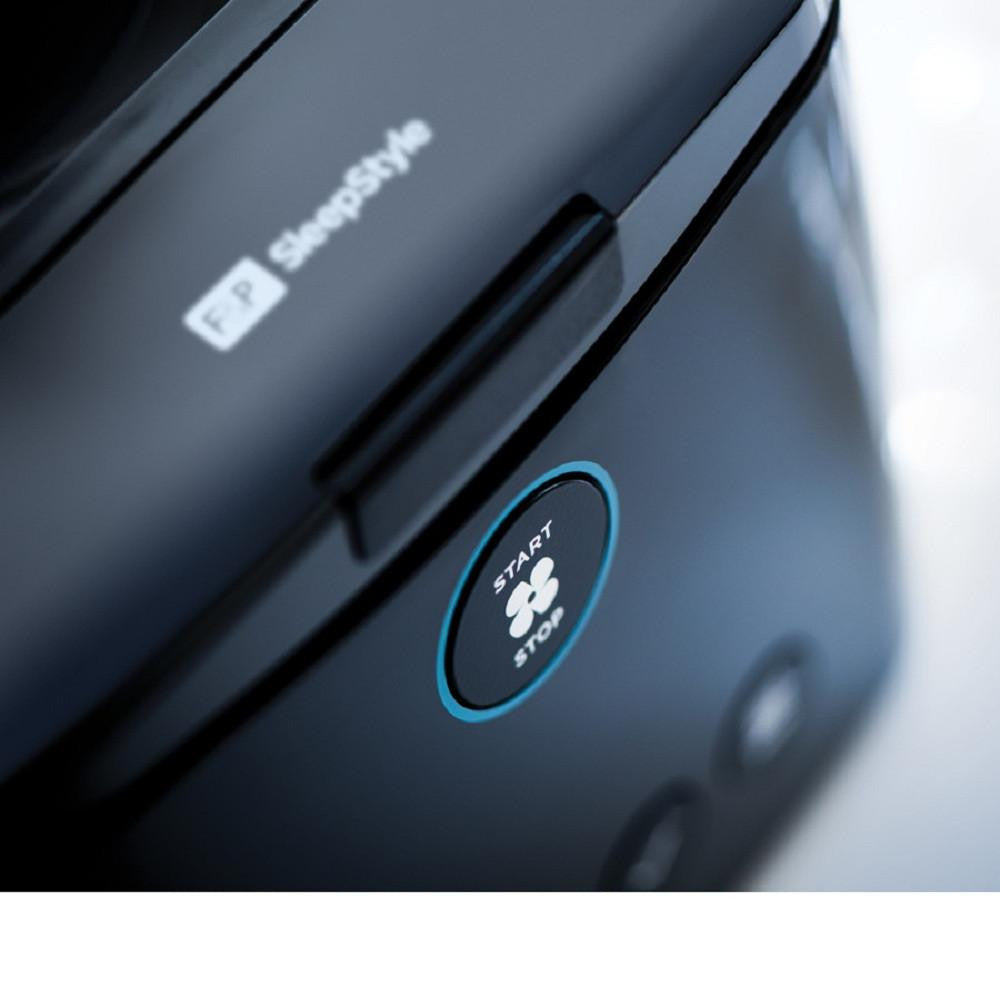 Fisher and Paykel Healthcare SleepStyle CPAP Filters, close-up of the device's start/stop button with a blue ring around it.
