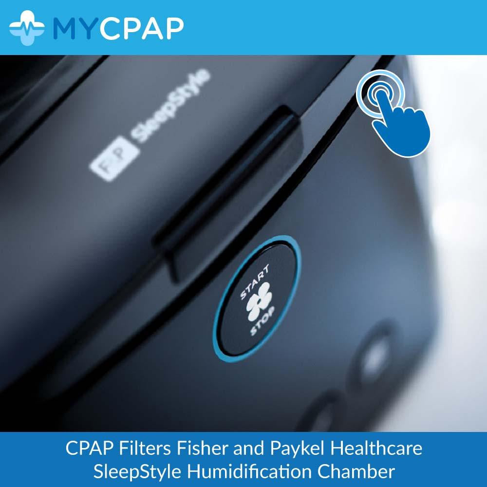 Fisher and Paykel Healthcare SleepStyle CPAP Filters, close-up of the device's start/stop button with touch icon