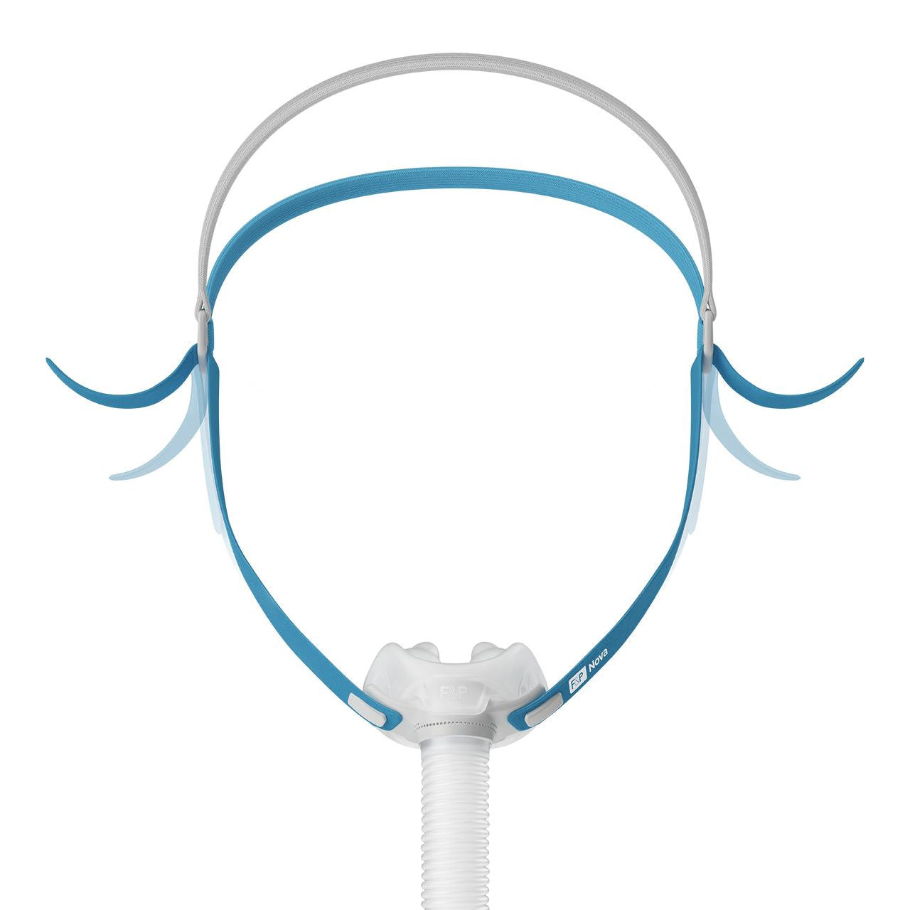 Fisher and Paykel Healthcare Fisher and Paykel Nova Micro Pillows CPAP Mask, a lightweight CPAP mask with blue and white silicone micro pillows and an adjustable headgear strap.