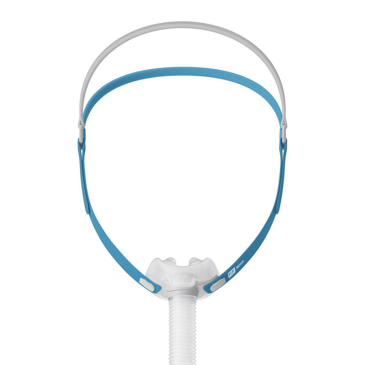 Fisher and Paykel Healthcare Fisher and Paykel Nova Micro Pillows CPAP Mask, with blue and white headgear and white pillow.