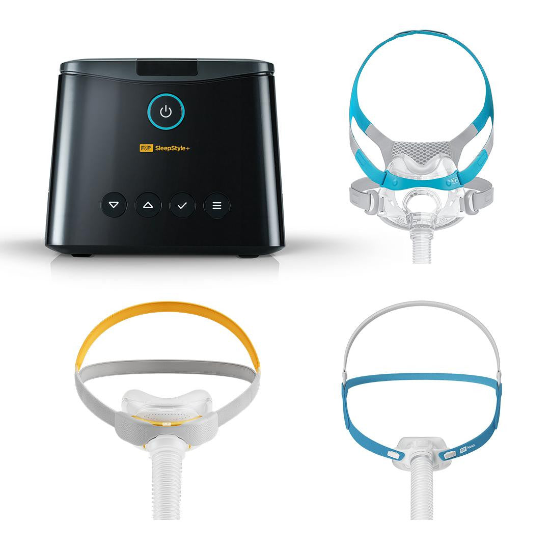 Fisher and Paykel Healthcare Fisher and Paykel SleepStyle + Auto package, including a CPAP machine, two masks with different colors, and a 5-year warranty.