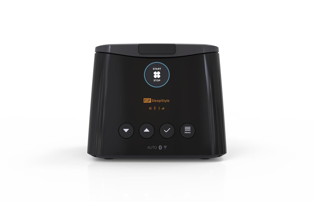Fisher and Paykel Healthcare Fisher and Paykel SleepStyle + Auto package, black sleep therapy device with control buttons and display.