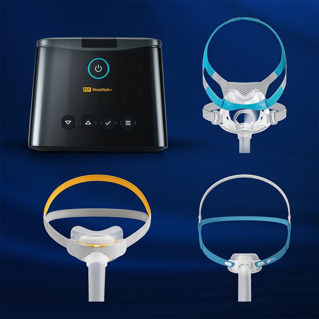 Fisher and Paykel Healthcare Fisher and Paykel SleepStyle + Auto package - 2 Masks with 5-year warranty, showing the machine and three different masks on a blue background.