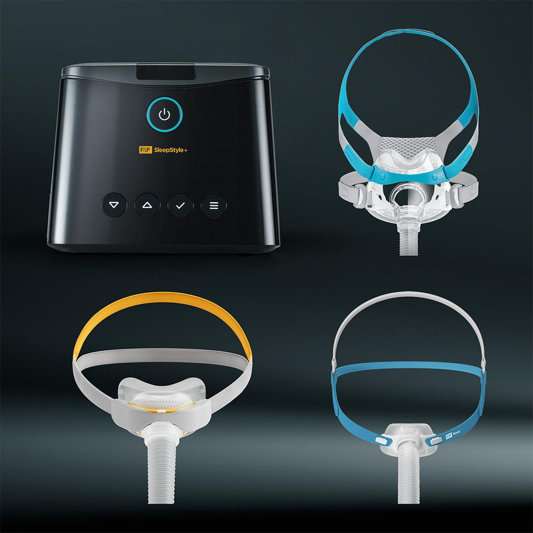 Fisher and Paykel Healthcare Fisher and Paykel SleepStyle + Auto package - 2 Masks and 5-year warranty, showcasing the CPAP machine and three different CPAP masks designed for sleep therapy.
