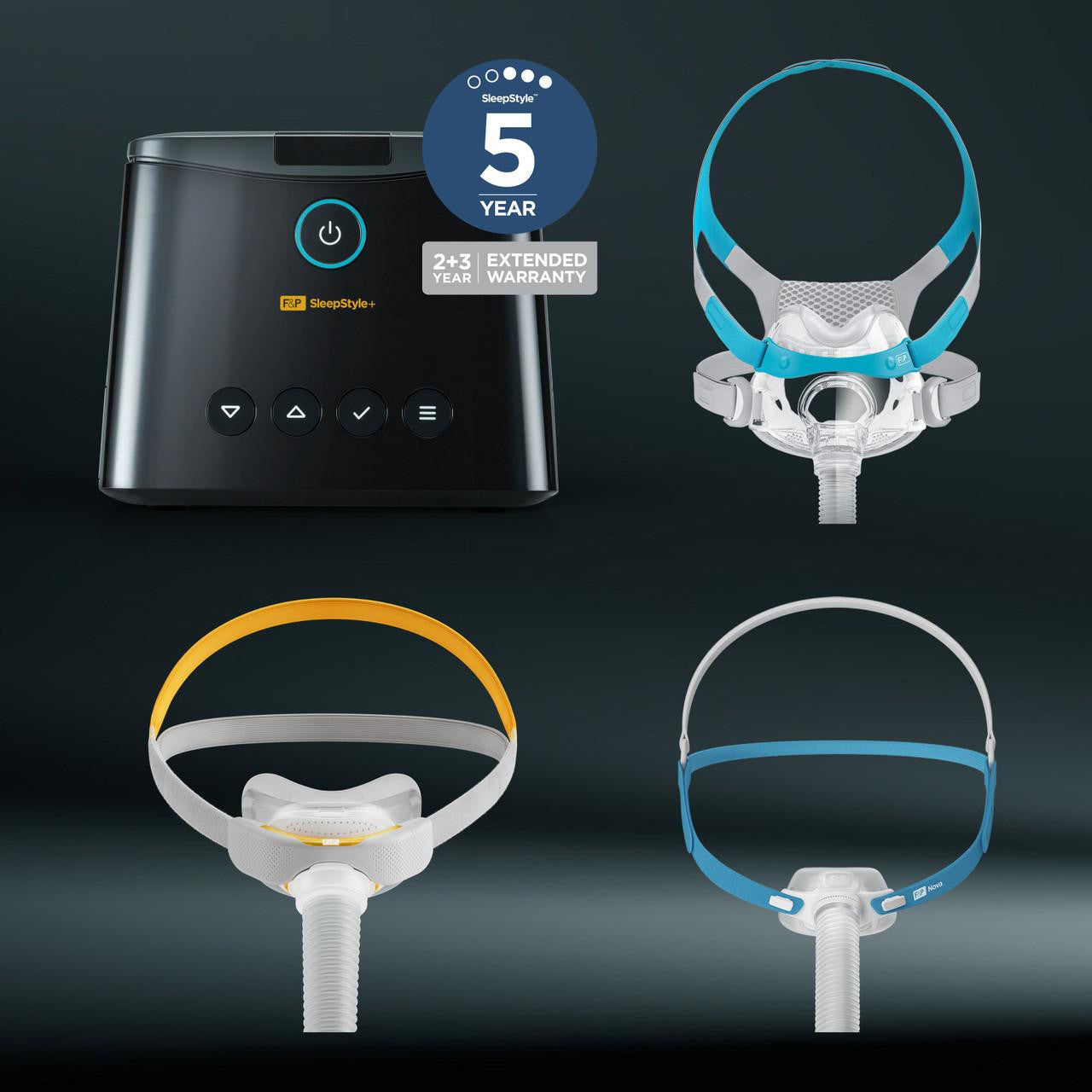 Fisher and Paykel Healthcare Fisher and Paykel SleepStyle Plus Auto + 2 Masks, sleep apnea therapy device with user interface and two different CPAP masks for sleep therapy.