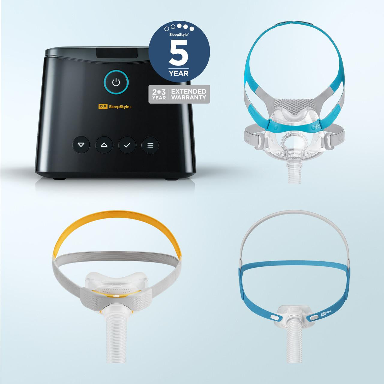 Fisher and Paykel Healthcare Fisher and Paykel SleepStyle Plus Auto + 2 Masks, CPAP machine with three different masks and a control unit for sleep therapy.