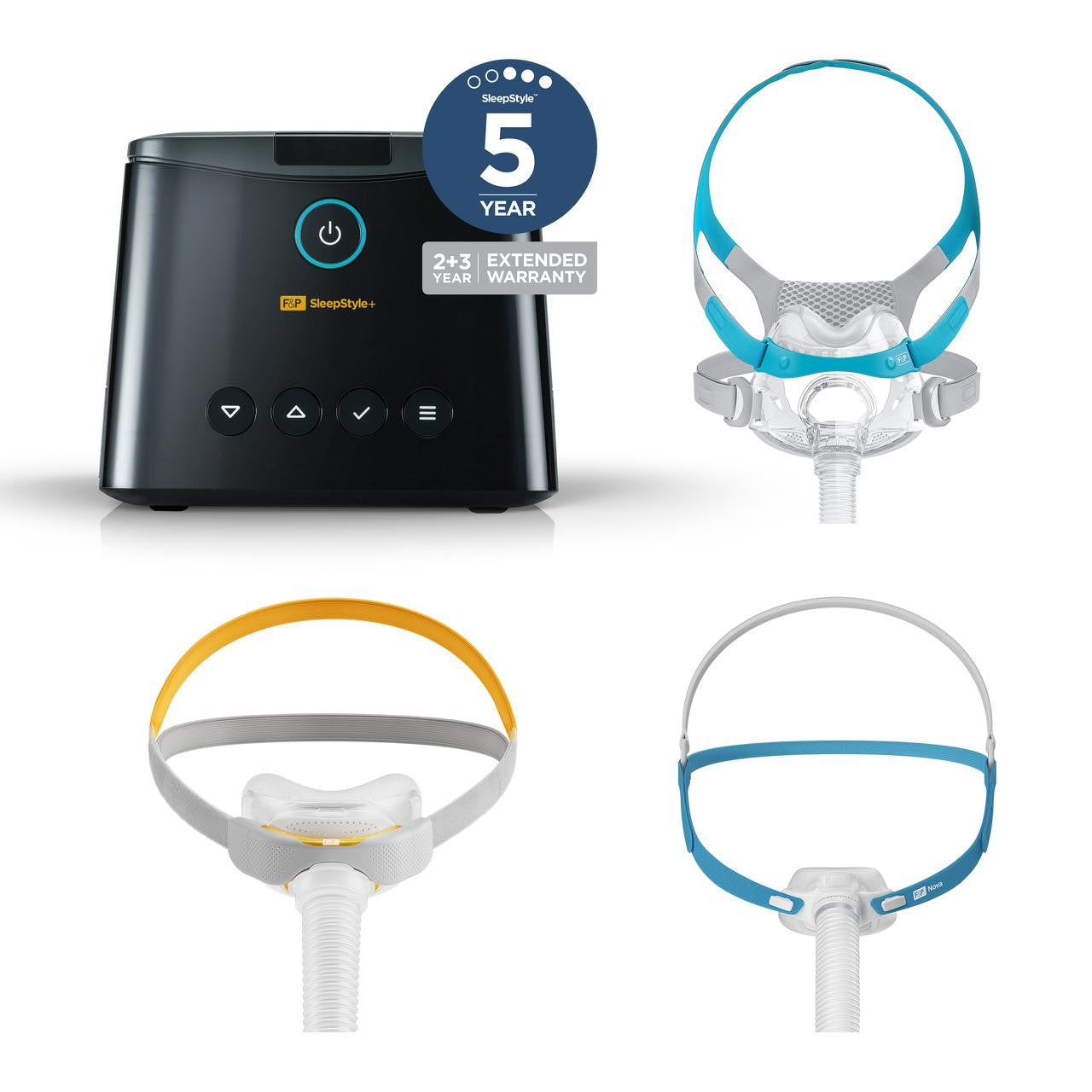 Fisher and Paykel Healthcare Fisher and Paykel SleepStyle Plus Auto + 2 Masks, a CPAP machine with adjustable controls and two different sleep masks designed for sleep apnea therapy.