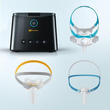 Fisher and Paykel Healthcare Fisher and Paykel SleepStyle Plus Auto + Mask Package + 5 Yr Warranty, image showing the sleep therapy device and three different CPAP masks of varying sizes and styles.