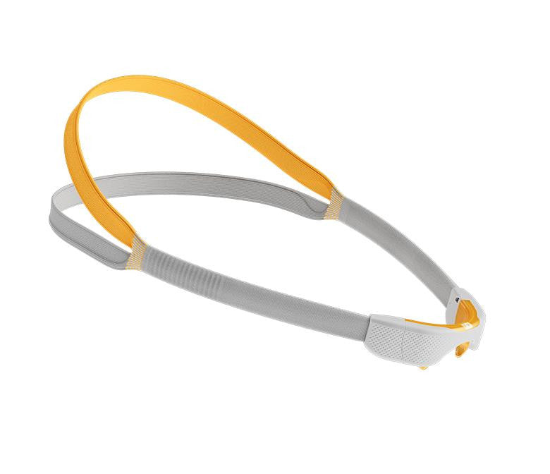 Fisher and Paykel Healthcare Fisher and Paykel Solo Mask headgear, adjustable straps with yellow highlights for secure fit, designed for sleep therapy or medical respiratory use.