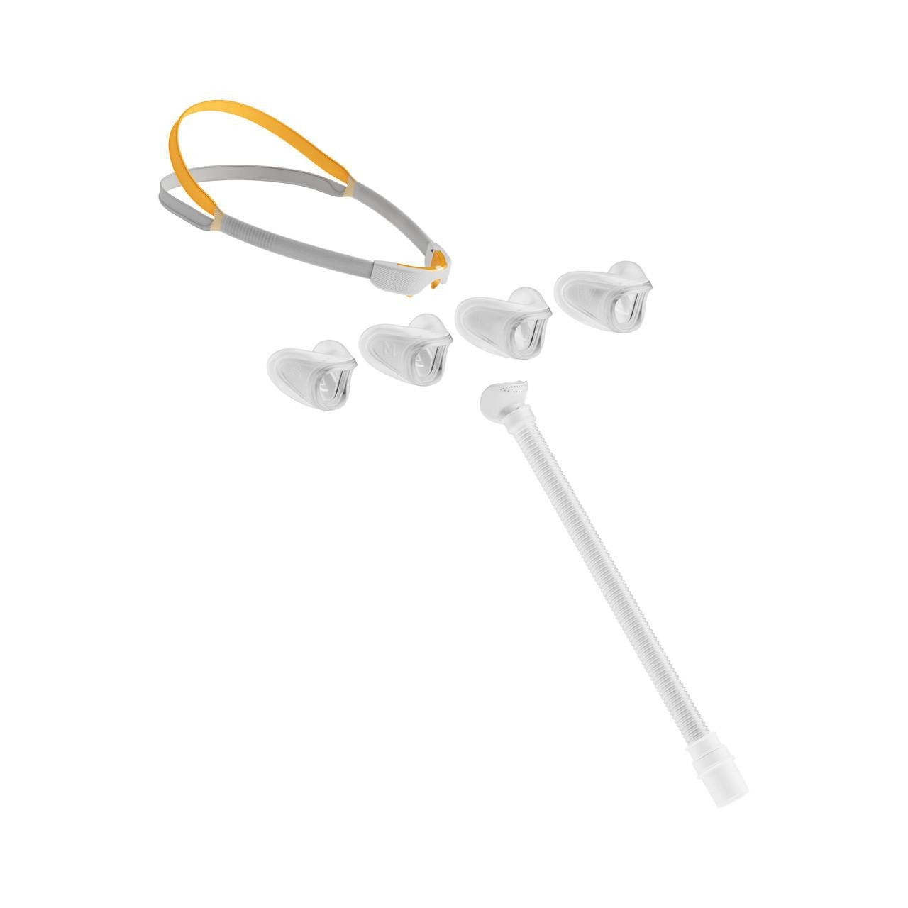 Fisher and Paykel Healthcare Fisher and Paykel Solo Nasal Cushions, set of three transparent nasal cushions with a connector tube and an adjustable headgear strap.