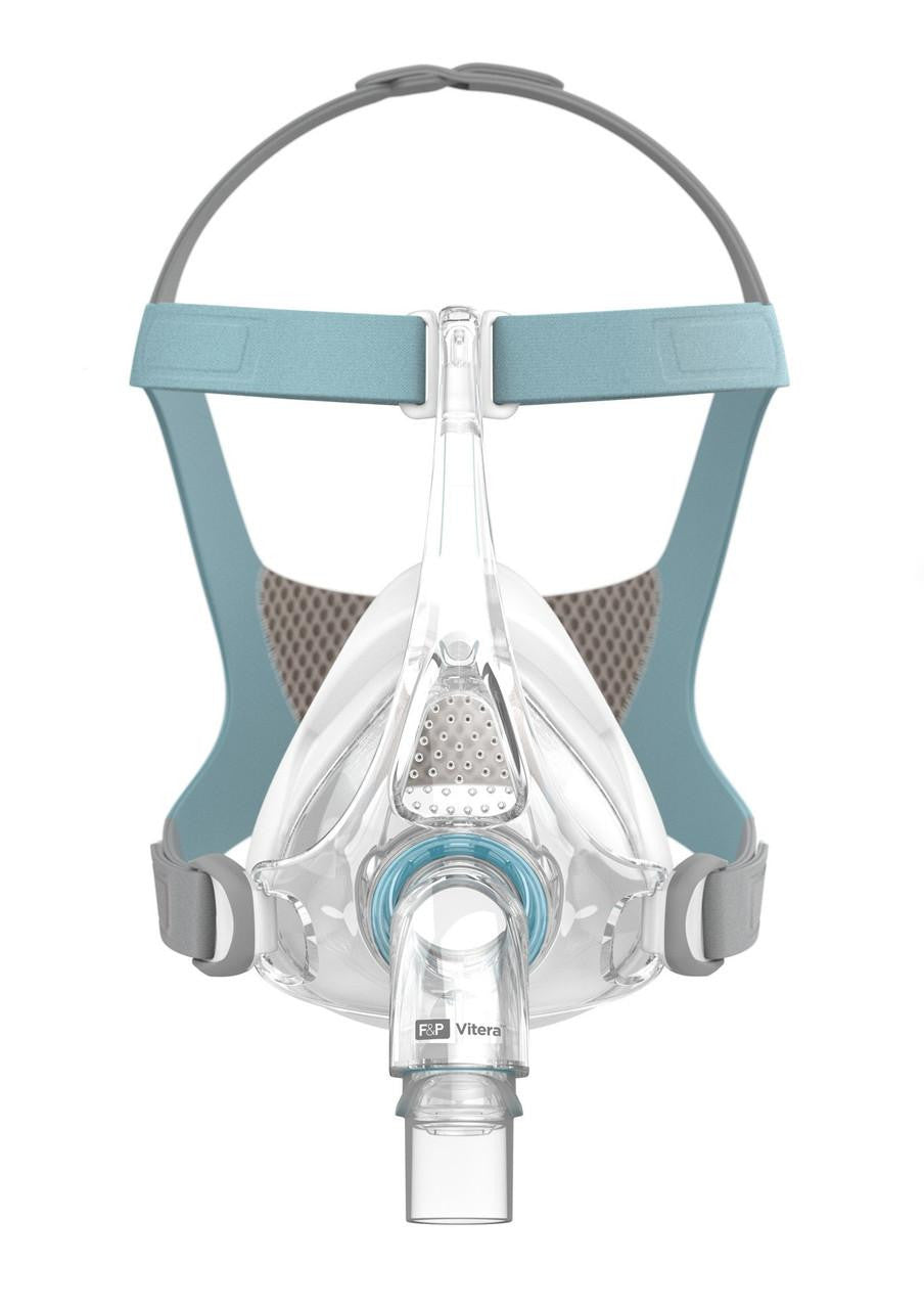 Fisher and Paykel Healthcare Fisher and Paykel Vitera CPAP Full Face Mask, front view of the full face mask with adjustable straps, clear cushion, and headgear for sleep therapy.