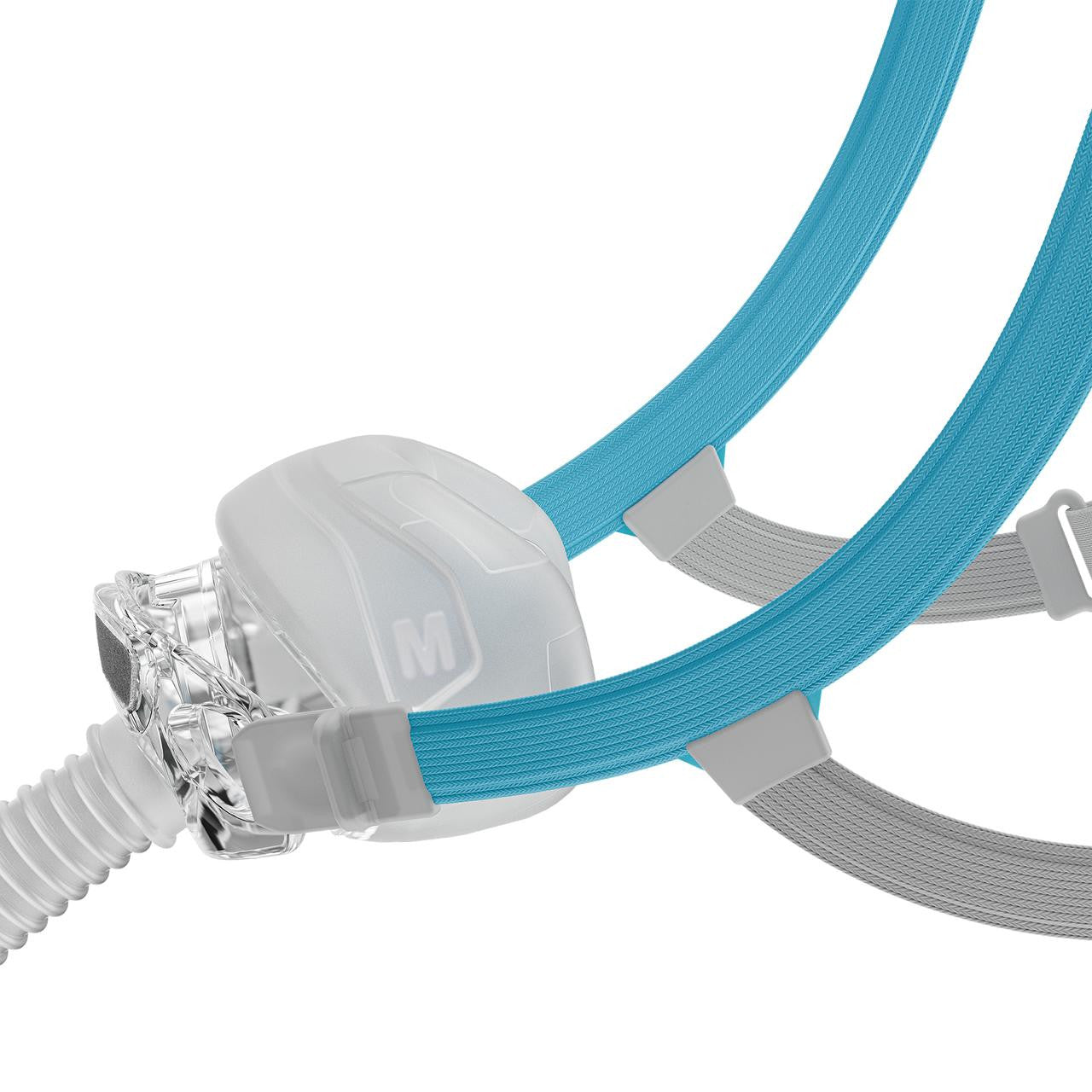 Fisher and Paykel Nova Nasal Mask, close-up of a medical nasal mask with blue straps and a grey cushion for CPAP therapy.