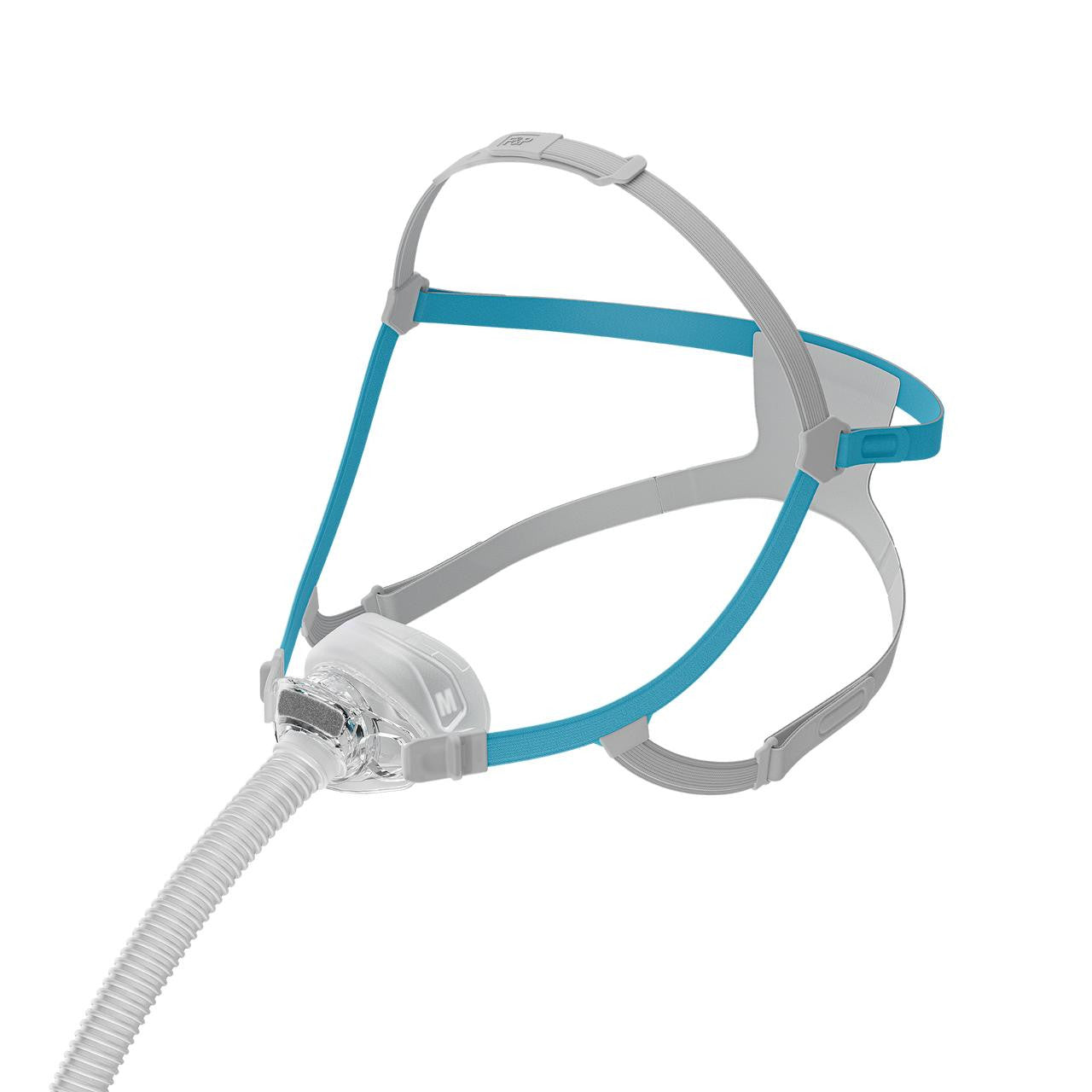 Fisher and Paykel Nova Nasal Mask, medical nasal mask with adjustable straps and a flexible tube for sleep apnea therapy.