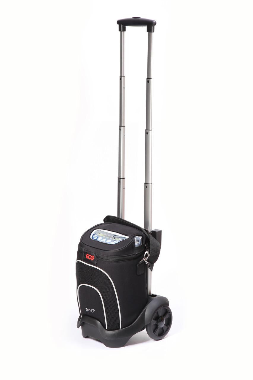 GCE Zen-O Portable Oxygen Concentrator, compact travel oxygen device with extendable handle and wheels for mobility.