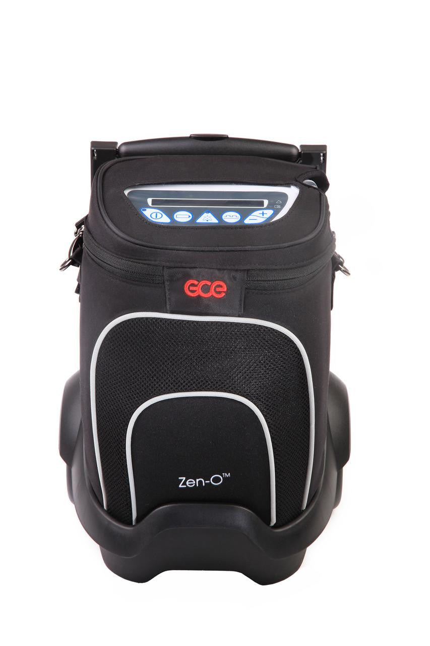 GCE Zen-O Portable Oxygen Concentrator, compact medical device with control panel and carrying bag for mobility and oxygen therapy.