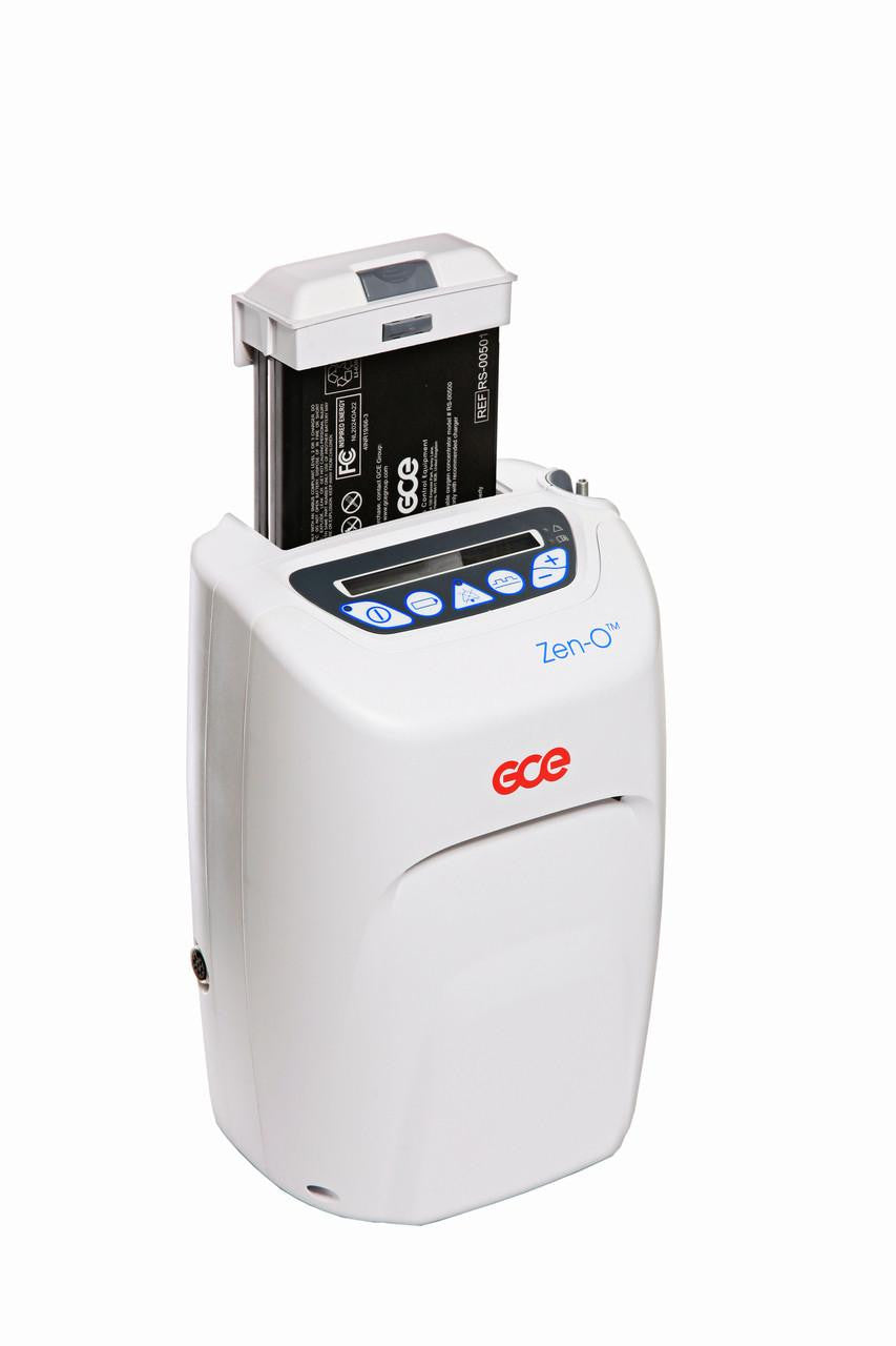 GCE Zen-O Portable Oxygen Concentrator, compact and portable medical oxygen device with digital control panel and replaceable battery.