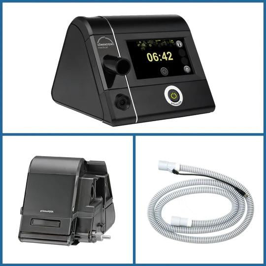 Lowenstein Prisma 20A with heated tube and humidifier, medical device for respiratory therapy.