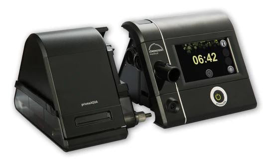 Lowenstein Prisma 20A with heated tube and humidifier, medical respiratory device for respiratory therapy.