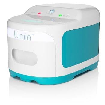 Lumin CPAP Equipment Sanitiser, white and teal sterilizer device for cleaning CPAP equipment with control buttons on top.