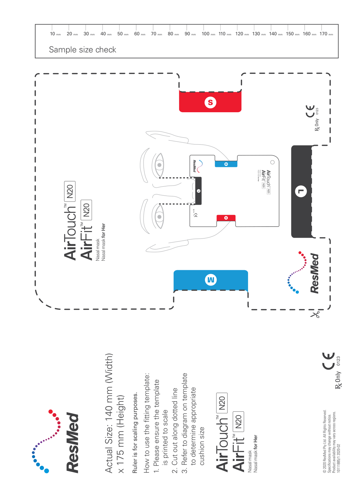 ResMed AirFit / AirTouch N20 fitting template (ResMed document 10111885/1 2020-02). Print the PDF at 100% / actual size to measure.