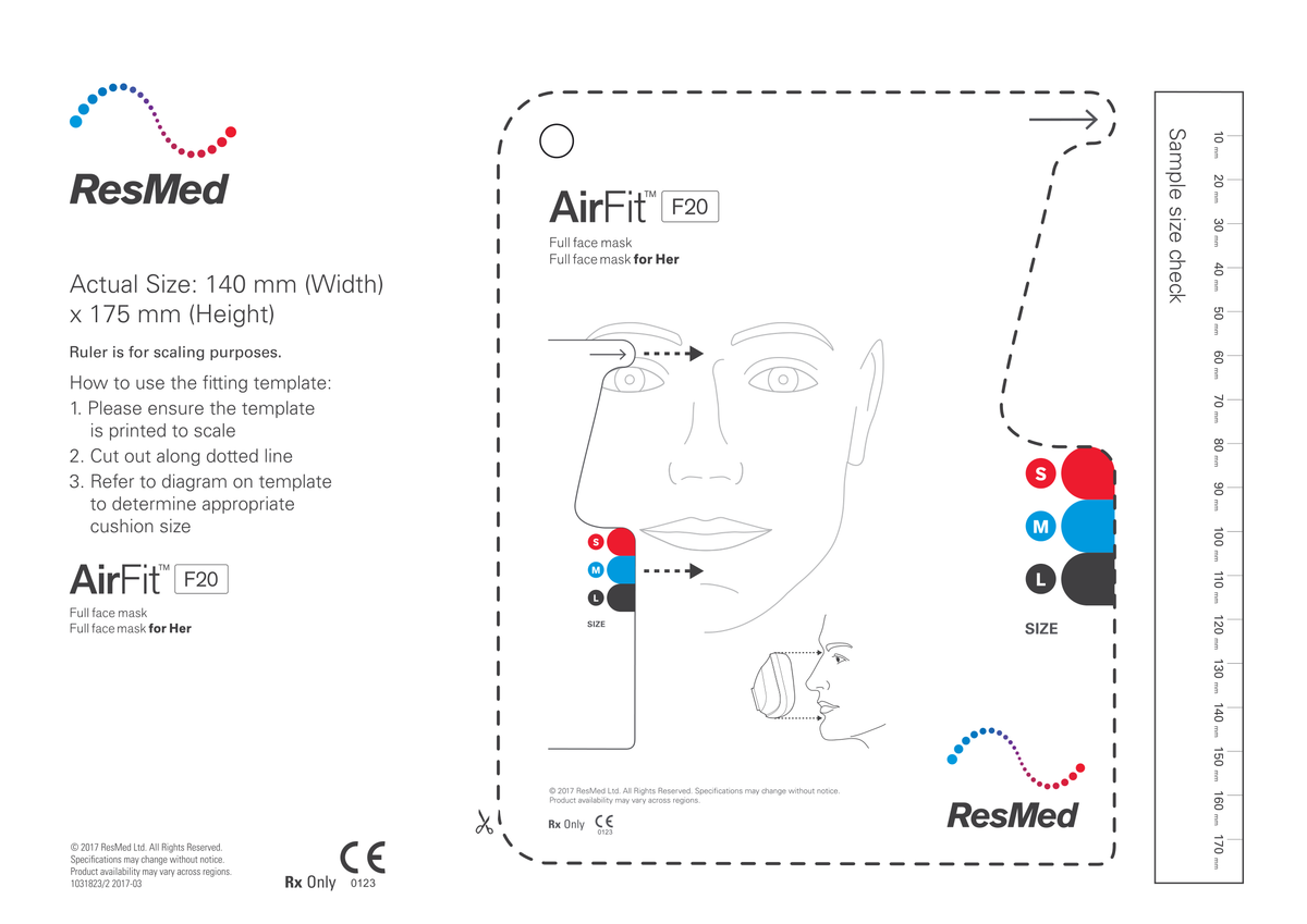 ResMed AirFit F20 / F20 For Her fitting template (ResMed document 1031823/2 2017-03). Print the PDF at 100% / actual size to measure.