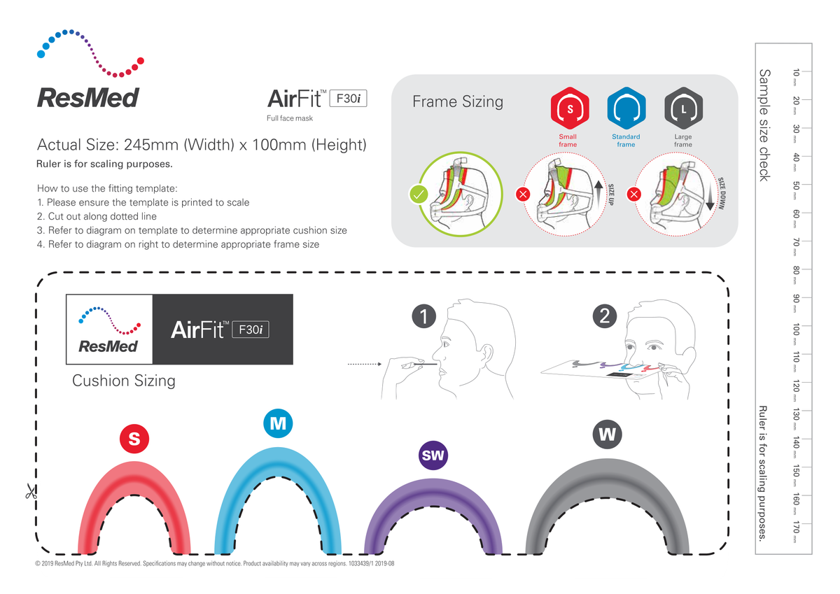 ResMed AirFit F30i (cushion and frame) fitting template (ResMed document 1033439/1 2019-08). Print the PDF at 100% / actual size to measure.