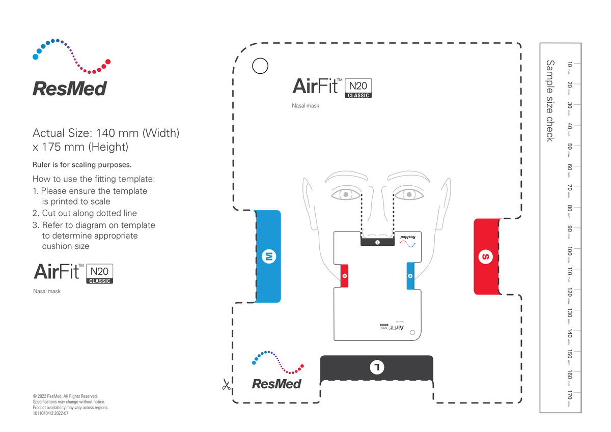 ResMed AirFit N20 Classic fitting template (ResMed document 10110404/2 2022-07). Print the PDF at 100% / actual size to measure.