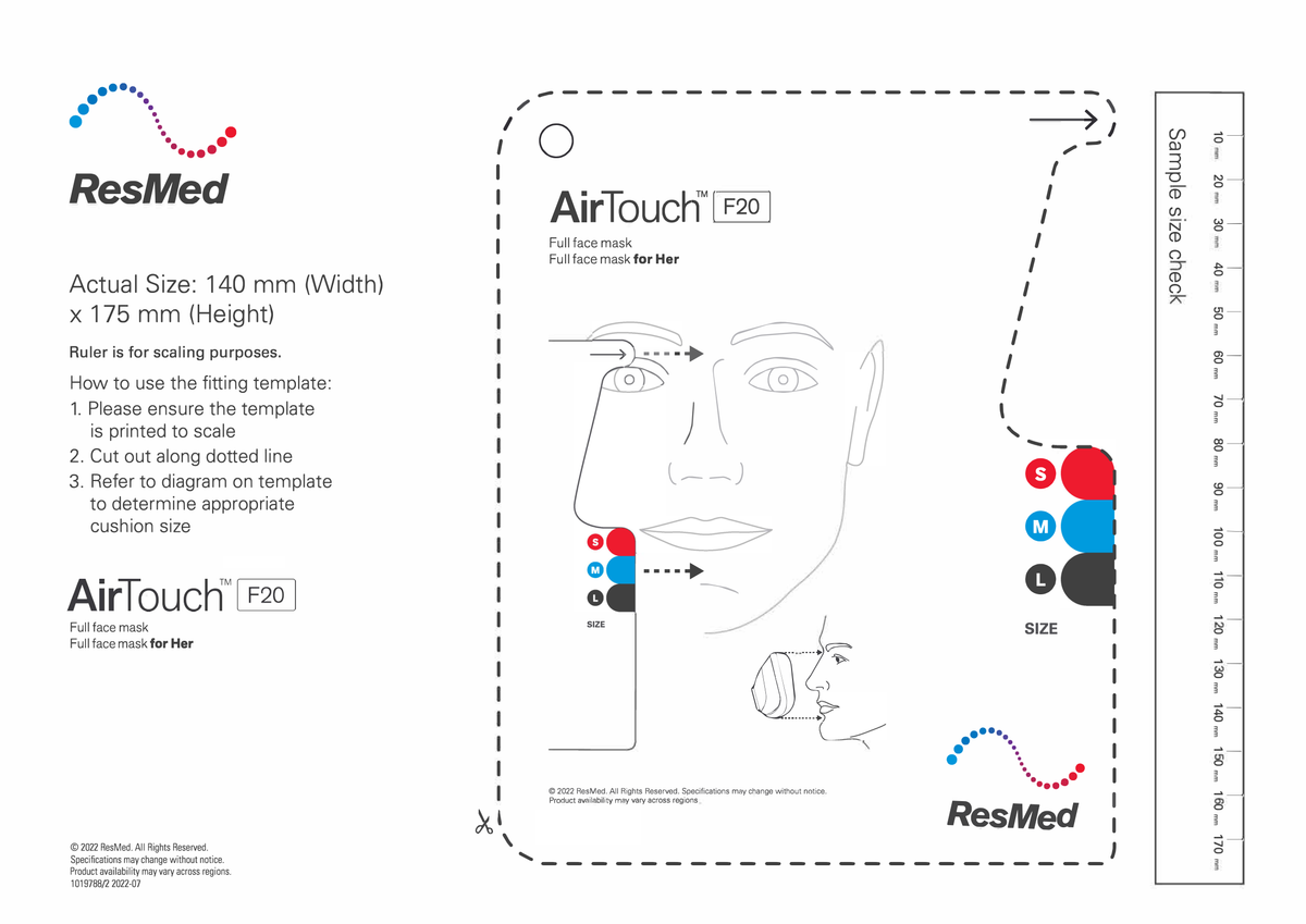 ResMed AirTouch F20 fitting template (ResMed document 1019788/2 2022-07). Print the PDF at 100% / actual size to measure.