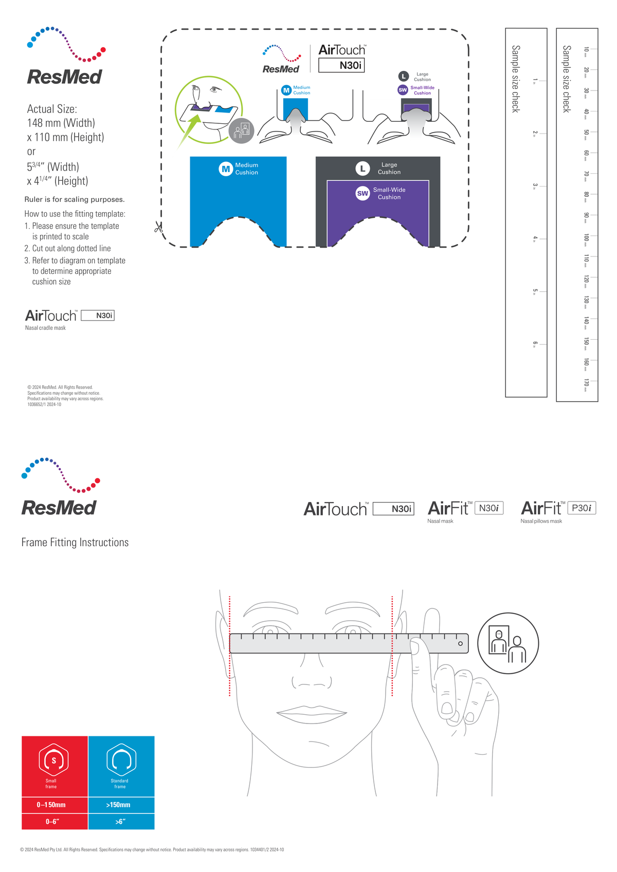 ResMed AirTouch N30i (cushion + frame) fitting template (ResMed document 1034401/2 2024-10 (2 pages)). Print the PDF at 100% / actual size to measure.