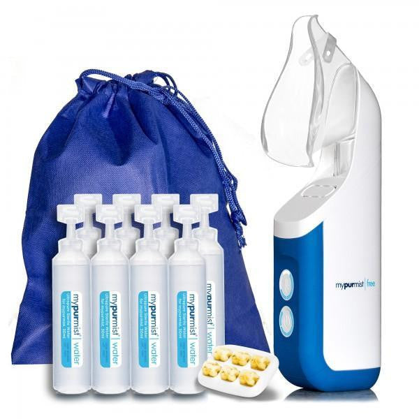 MyPuremist Cordless UltraPure Steam Inhaler Kit, includes a portable steam inhaler device with face mask, four bottles of water for inhalation, and a blue storage bag