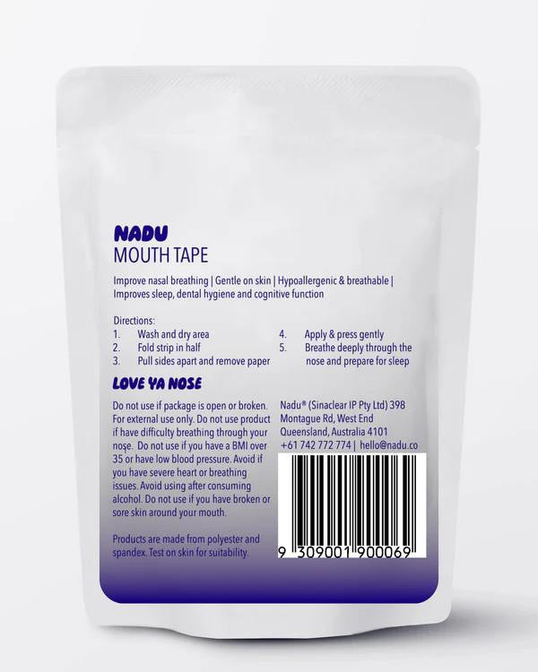 Nadu CPAP Mouth Tape, product packaging showcasing instructions and contact information.