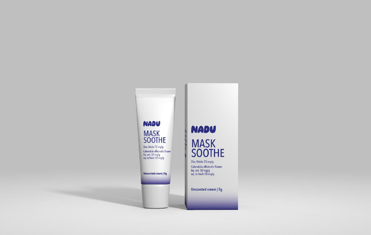 Nadu Mask Soothe, skincare product in a white tube with blue text and box packaging, designed for soothing skin