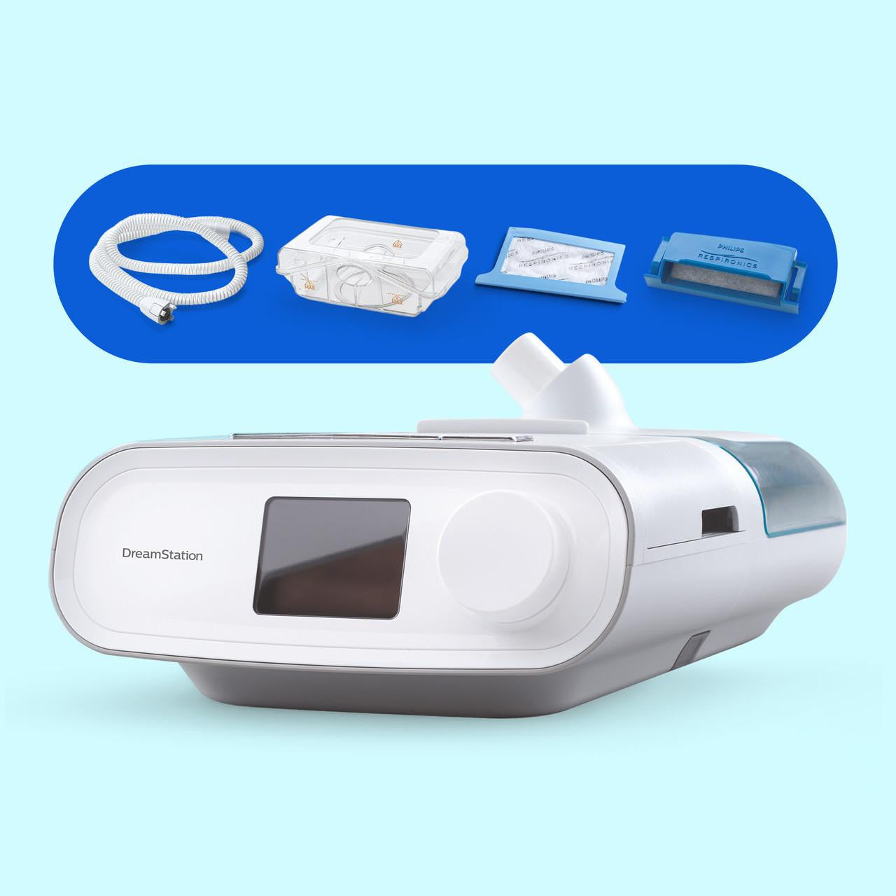 Philips Dreamstation Auto (Non Modem) with Mask package and Bonus Accessories, medical device for sleep apnea therapy with display screen and attached mask