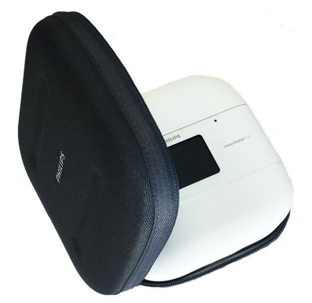 Philips Respironics DreamStation Go Travel Kit Small, compact white portable CPAP machine with black carrying case for travel convenience.
