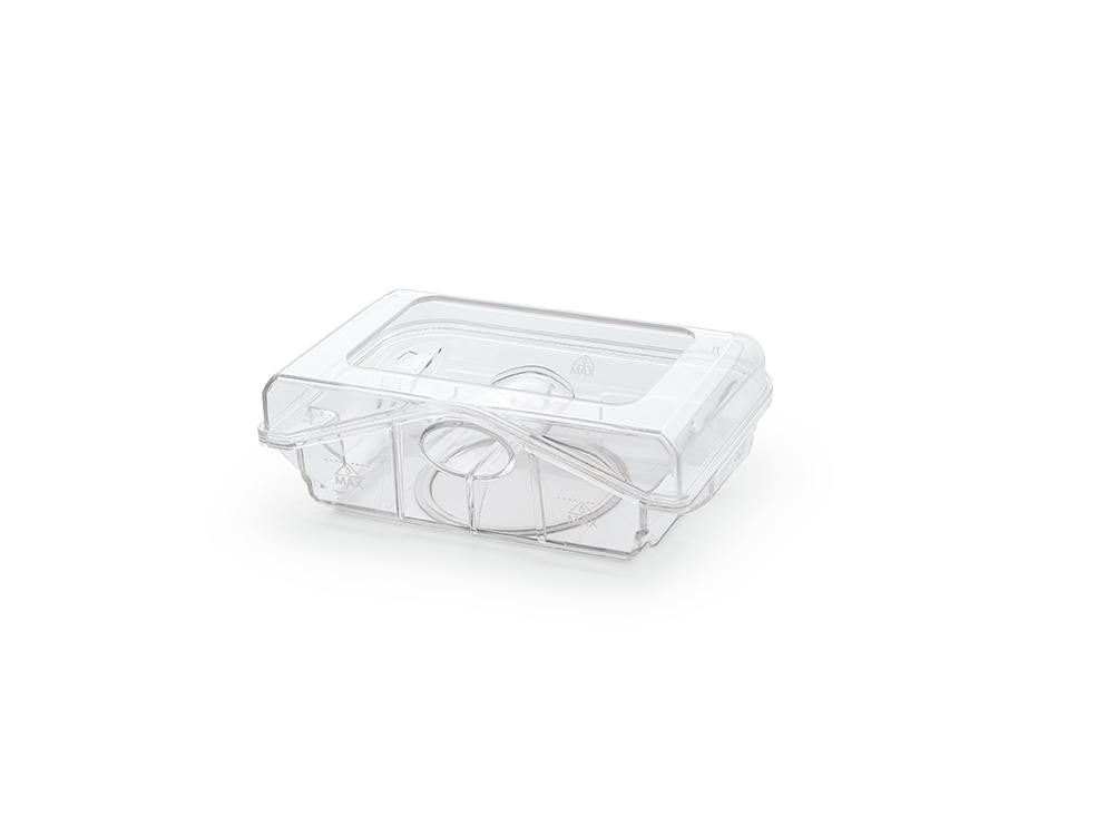 Philips Respironics DreamStation Humidifier Chamber, clear plastic water chamber with lid for humidification in sleep therapy devices.
