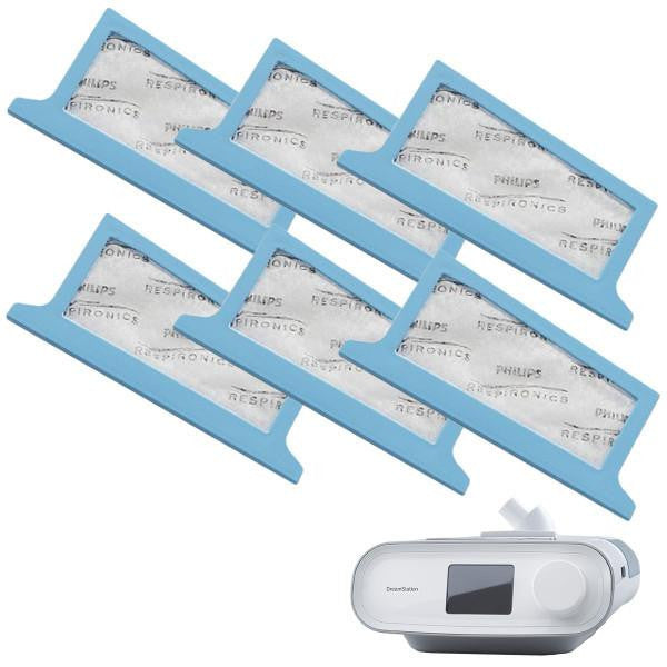 Philips Respironics DreamStation Ultra Fine Filter - 6 pack, lightweight blue filters with white filter material for CPAP machine filtration.