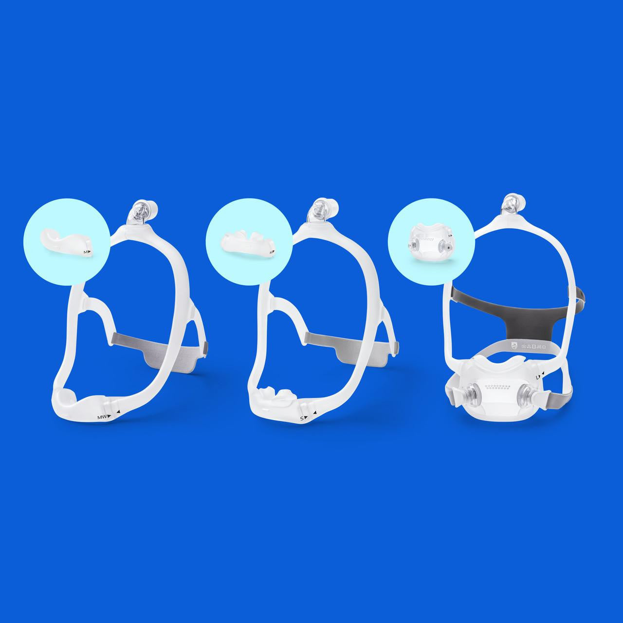 Philips Respironics DreamWear CPAP Masks + Bonus Cushion, set of CPAP masks with different cushion sizes and accessories on a blue background.