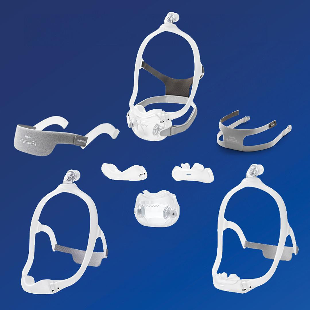 Philips Respironics DreamWear CPAP Masks, complete set of therapy mask components including headgear, nasal cushion, and frame.