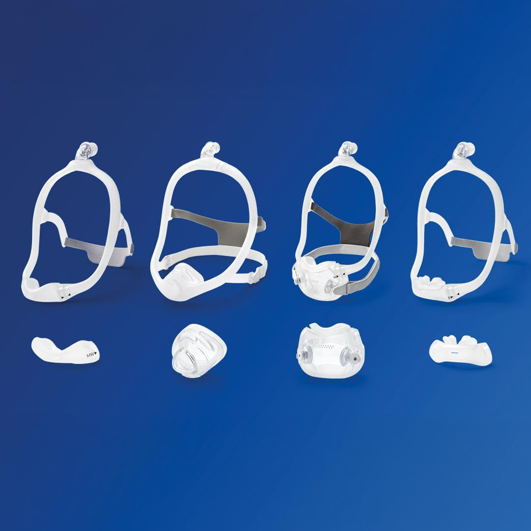 Philips Respironics DreamWear CPAP Masks, various mask frames and cushions displayed on a blue background.