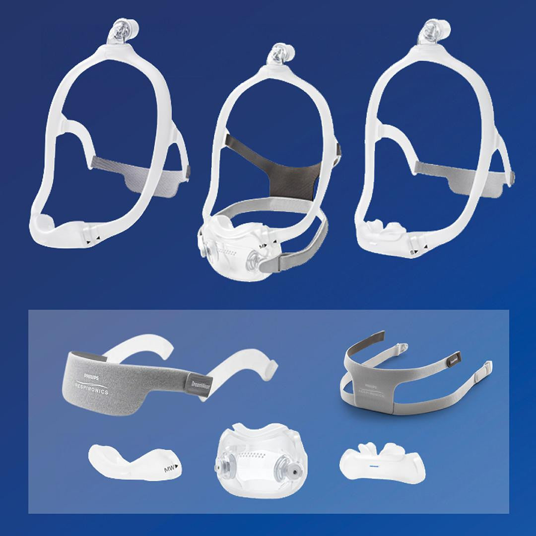 Philips Respironics DreamWear CPAP Masks, collection of headgear, masks, and nasal cushion components for sleep apnea therapy.