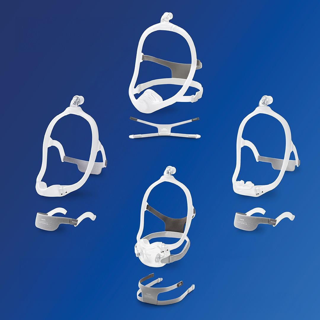 Philips Respironics DreamWear CPAP Masks, set of nasal, full face, and headgear masks for sleep apnea therapy.